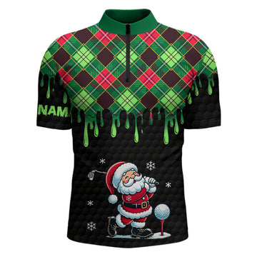 Grüner Weihnachtsargyle-Muster Santa Golfer Herren Quarter-Zip Pullover – Individuelle schwarze Golfbekleidung für Männer N8948