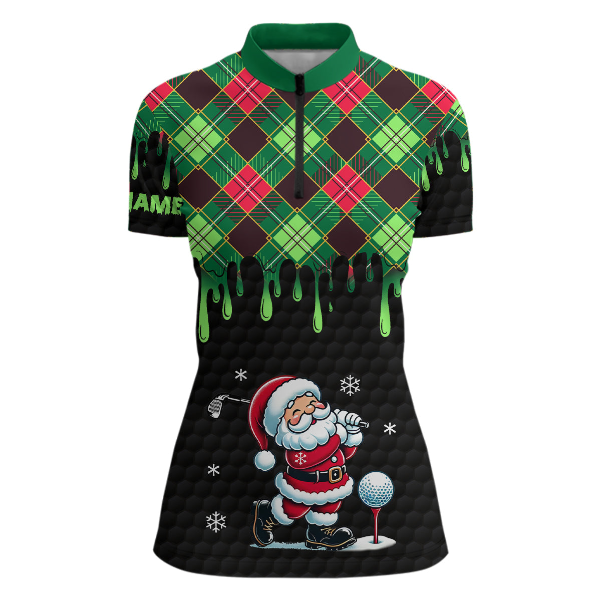Grüner Weihnachtsargyle-Muster Santa Golfer Damen Sweatshirt mit Viertelreißverschluss – Individuelle schwarze Golfkleidung für Frauen N8948