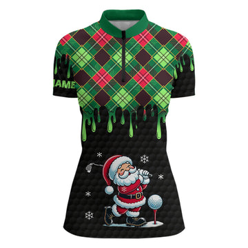 Grüner Weihnachtsargyle-Muster Santa Golfer Damen Sweatshirt mit Viertelreißverschluss – Individuelle schwarze Golfkleidung für Frauen N8948