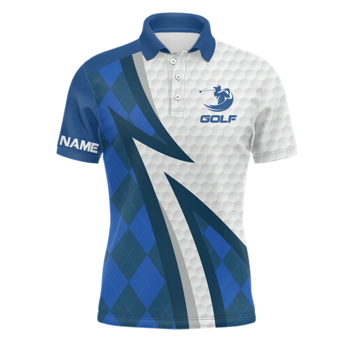 Personalisierte Herren Golf-Polo mit blauen Rauten und weißem Golfball-Motiv N7167