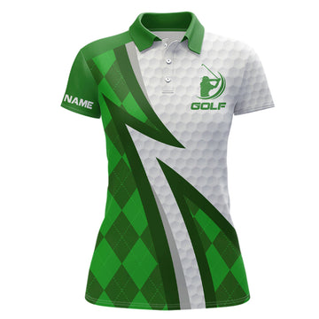 Individuelles Damen Golf Polo-Shirt mit grünem Argyle-Muster und weißem Golfball-Design N7168