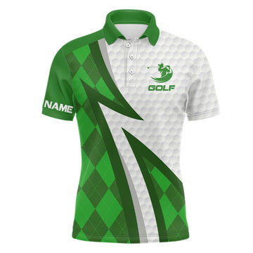 Personalisierte Herren Golf-Polo-Shirt in Grün mit Karomuster und weißem Golfball-Motiv N7168