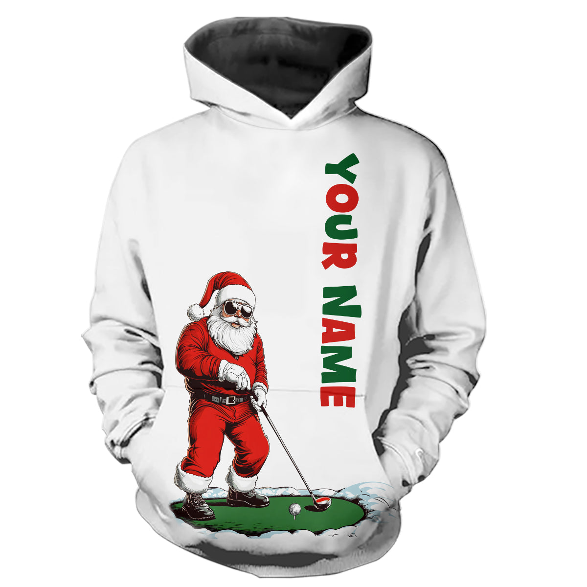 Lustiger Weihnachts-Nikolaus Golfer Hoodie mit individuellem Namen – Perfekte Geschenke für Golfspieler zu Weihnachten N8997