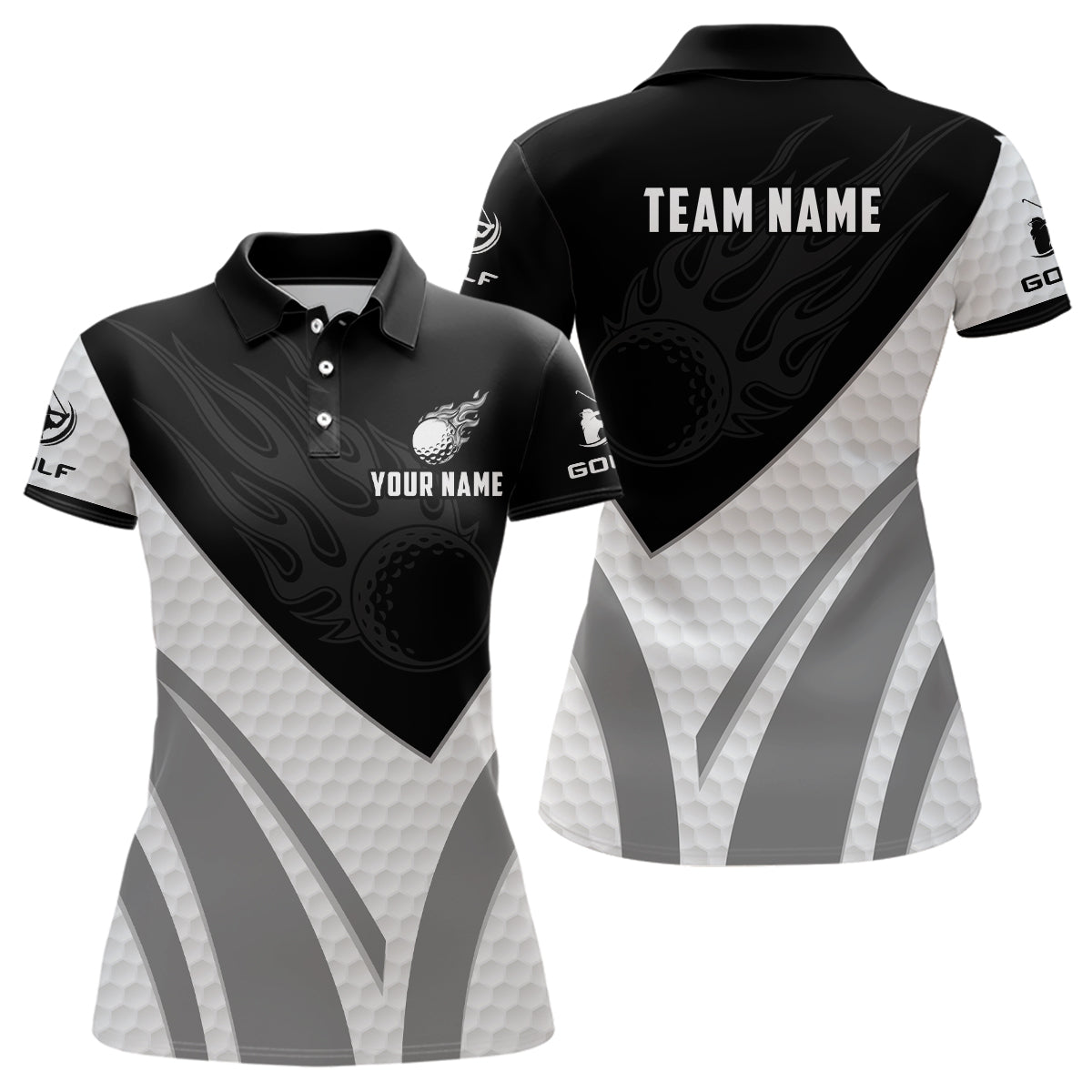Damen Golf Polo-Shirt in Schwarz-Weiß mit individuellem Golfball-Feuerdesign – Stylisches Golfoberteil für Damen N7063