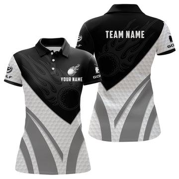 Damen Golf Polo-Shirt in Schwarz-Weiß mit individuellem Golfball-Feuerdesign – Stylisches Golfoberteil für Damen N7063