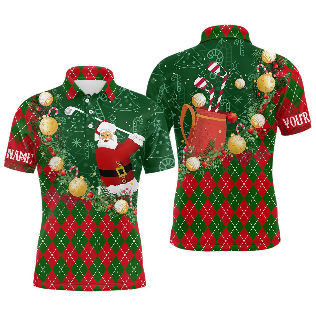 Weihnachtsmann beim Golfspielen – Rot-Grünes Argyle-Muster Herren Golf-Polo-Shirt, individuelle Golf-Outfits für Männer N9008