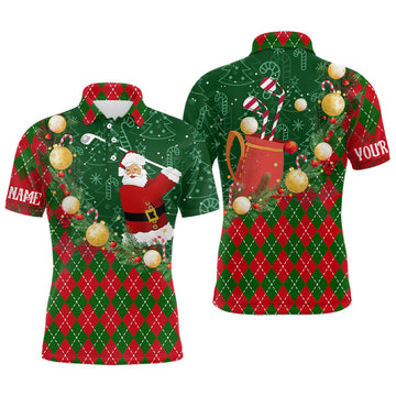 Weihnachtsmann beim Golfspielen – Rot-Grünes Argyle-Muster Herren Golf-Polo-Shirt, individuelle Golf-Outfits für Männer N9008