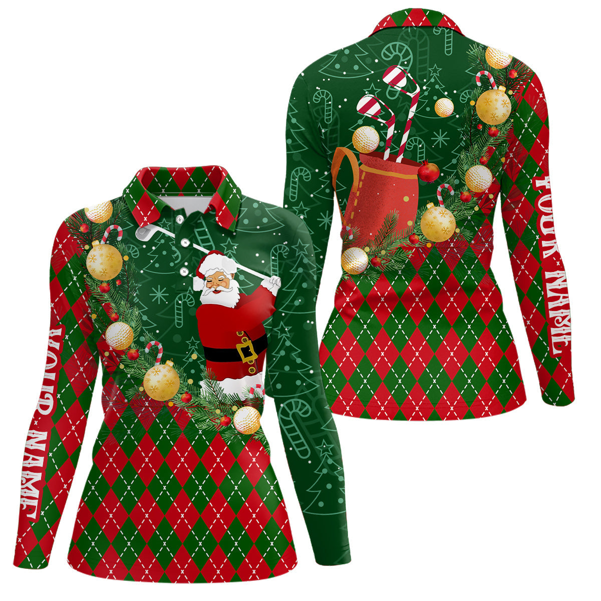 Weihnachtsmann beim Golfspielen – Damen Golf-Polo-Shirts mit grün-rotem Argyle-Muster, individuelle Golf-Outfits N9008