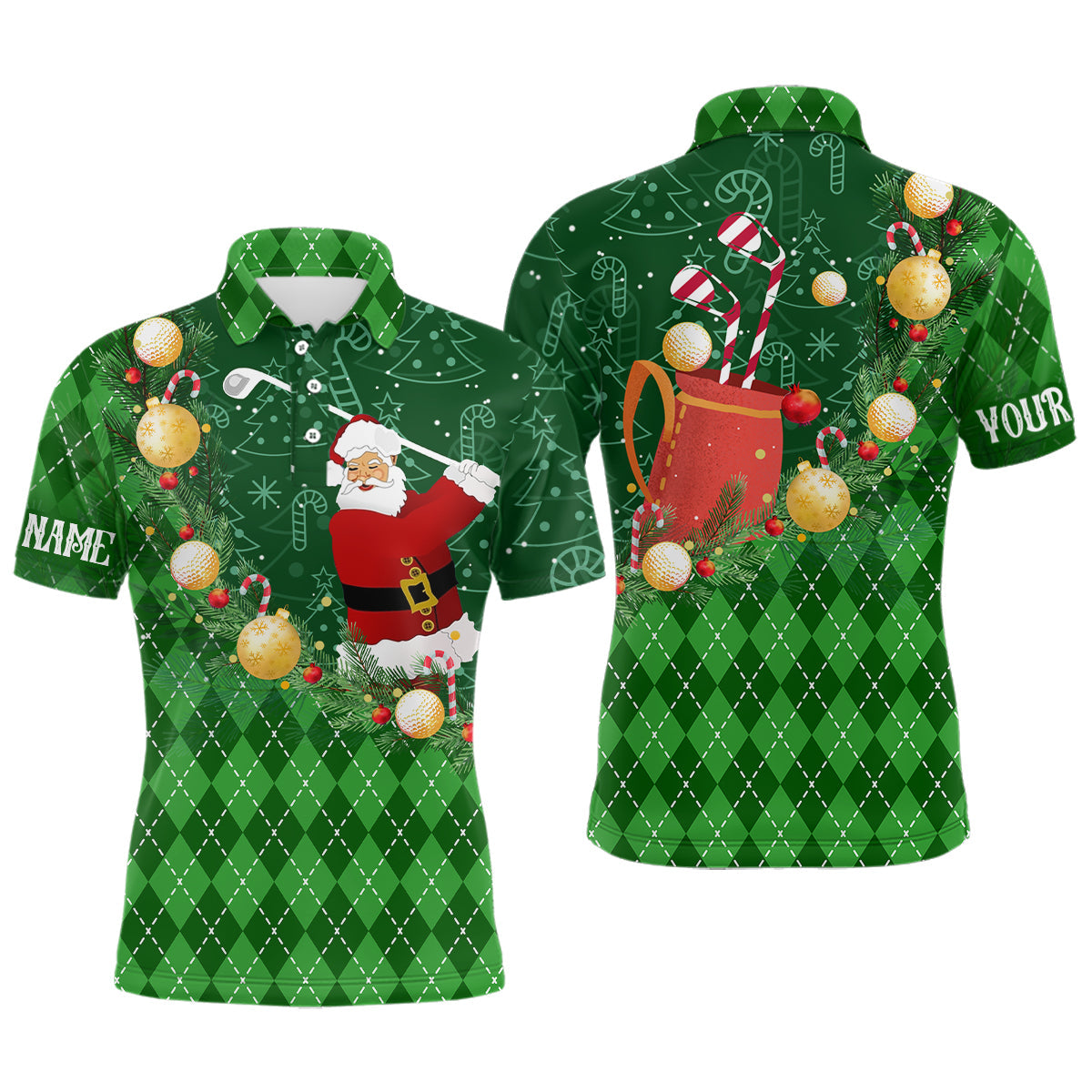Weihnachtliches Santa Golf Polo Shirt für Herren mit grünem Argyle-Muster – Individuelle Weihnachts-Golfbekleidung N9009