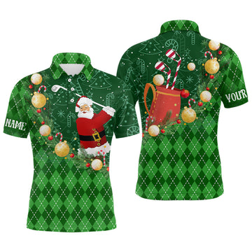 Weihnachtliches Santa Golf Polo Shirt für Herren mit grünem Argyle-Muster – Individuelle Weihnachts-Golfbekleidung N9009
