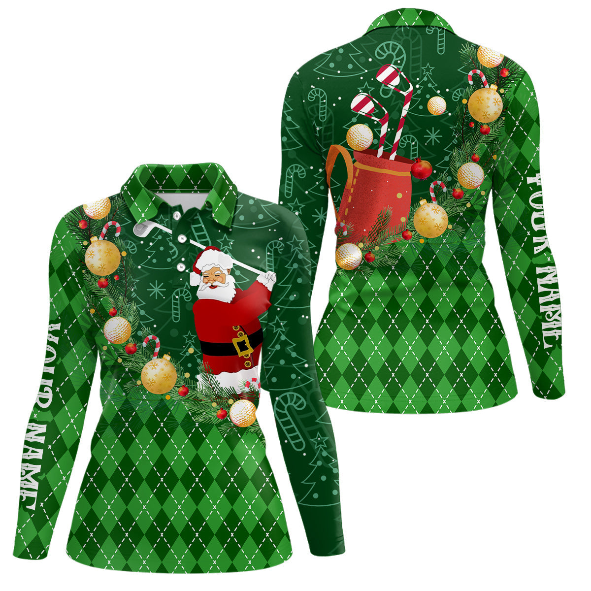 Weihnachtsmann Golf Polo-Shirts für Damen mit grünem Argyle-Muster – Individuelle Xmas Golf-Outfits N9009