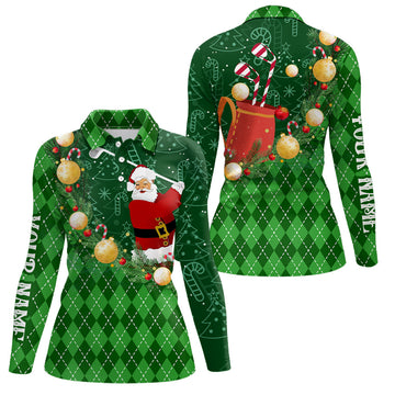 Weihnachtsmann Golf Polo-Shirts für Damen mit grünem Argyle-Muster – Individuelle Xmas Golf-Outfits N9009