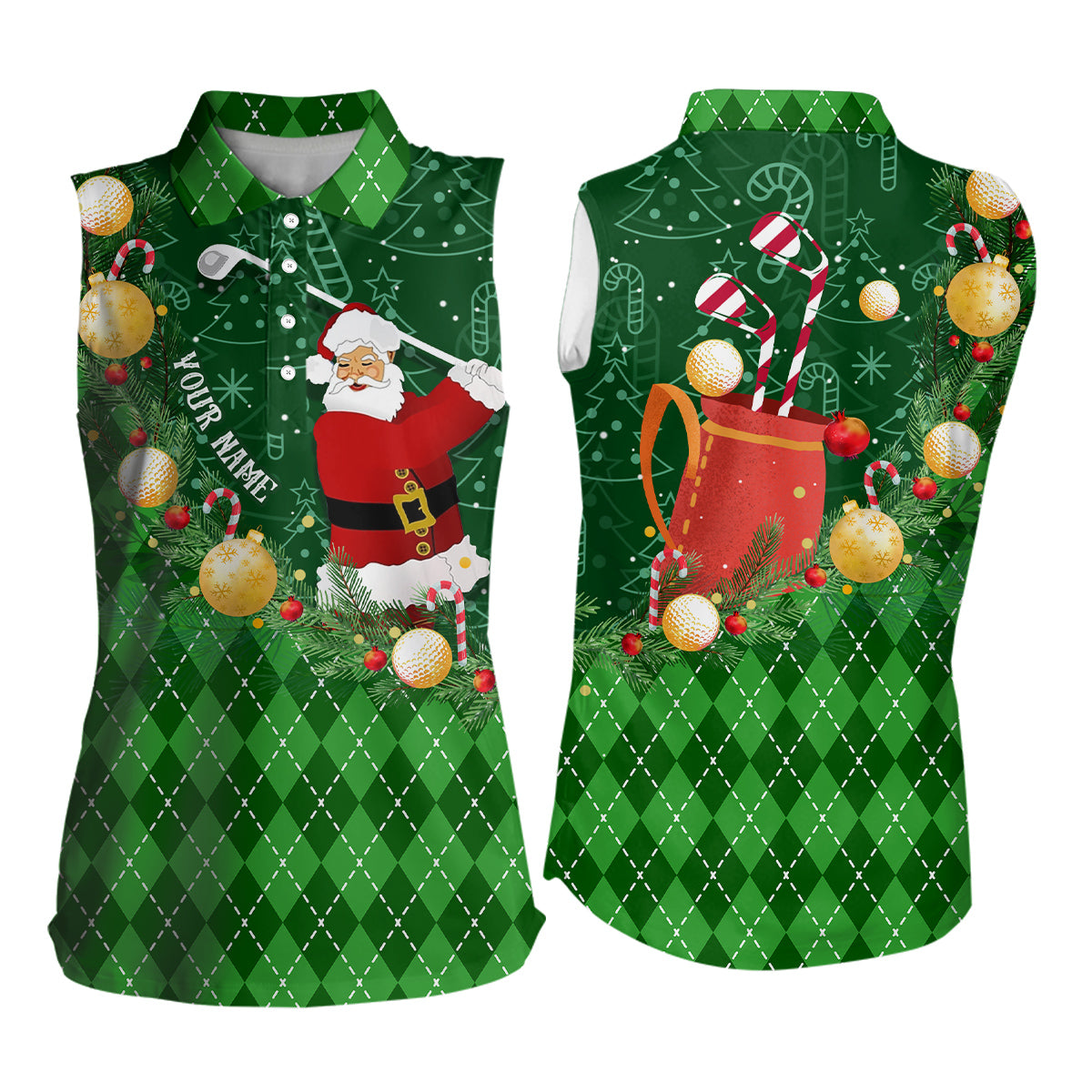 Weihnachtsmann Golf Polo-Shirt ohne Ärmel im grünen Argyle-Muster – Individuelle Xmas Golf-Outfits N9009