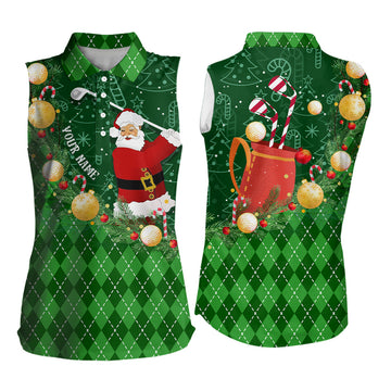 Weihnachtsmann Golf Polo-Shirt ohne Ärmel im grünen Argyle-Muster – Individuelle Xmas Golf-Outfits N9009