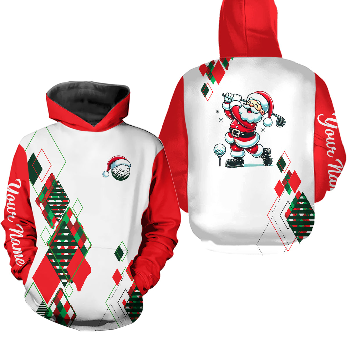 Weihnachts-Hoodie mit Argyle-Muster und Golf spielendem Weihnachtsmann – Individuelle Golf-Outfit für Weihnachten, perfekte Golf-Geschenke N9010