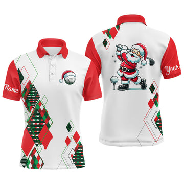 Weihnachtliches Argyle-Muster: Golf Polo-Shirt mit Santa beim Golfspielen - Individuelle Weihnachtsmode für Herren N9010