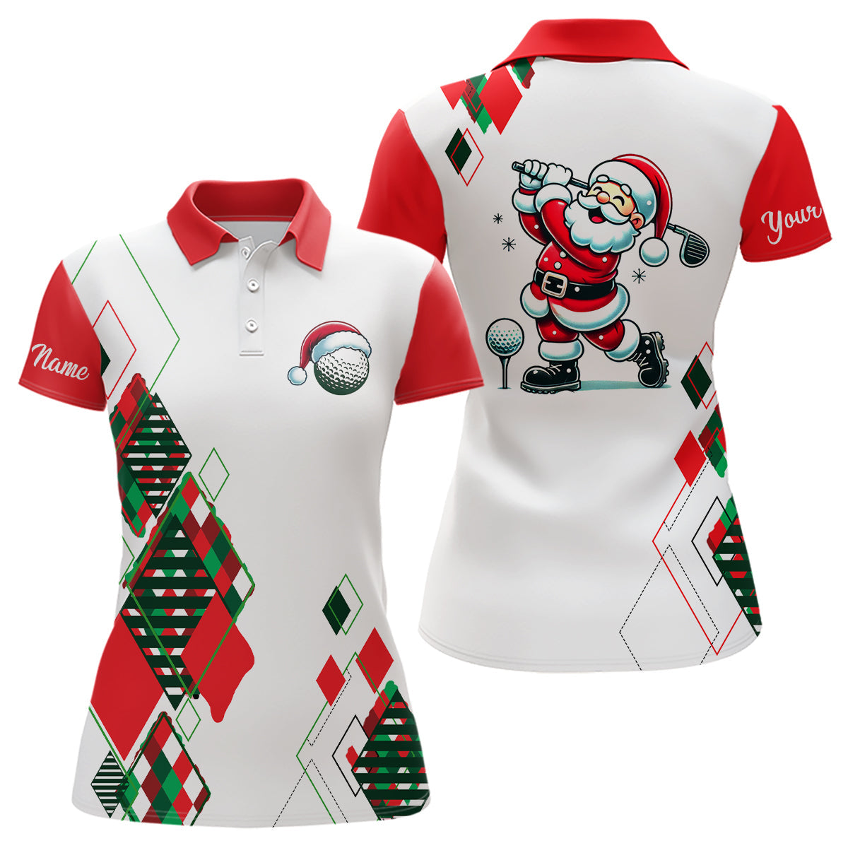 Weihnachtliches Argyle-Muster: Santa beim Golfspielen Damen Golf Polo Shirt – Individuelles Xmas Outfit für Golferinnen N9010