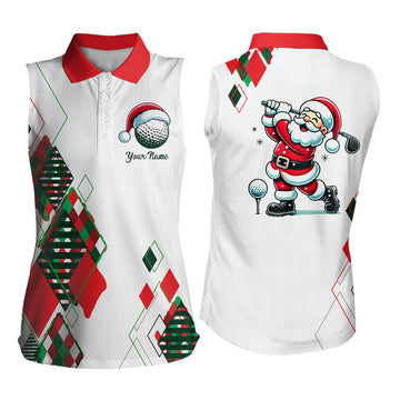 Weihnachtliches Argyle-Muster Polo-Shirt für Damen mit Santa beim Golfspielen – Individuelles Weihnachts-Golfoutfit N9010