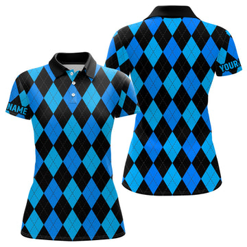 Elegantes Damen Golf-Polo-Shirt in Blau-Schwarz mit Rautenmuster – Individuelle Golfbekleidung für Frauen N7185