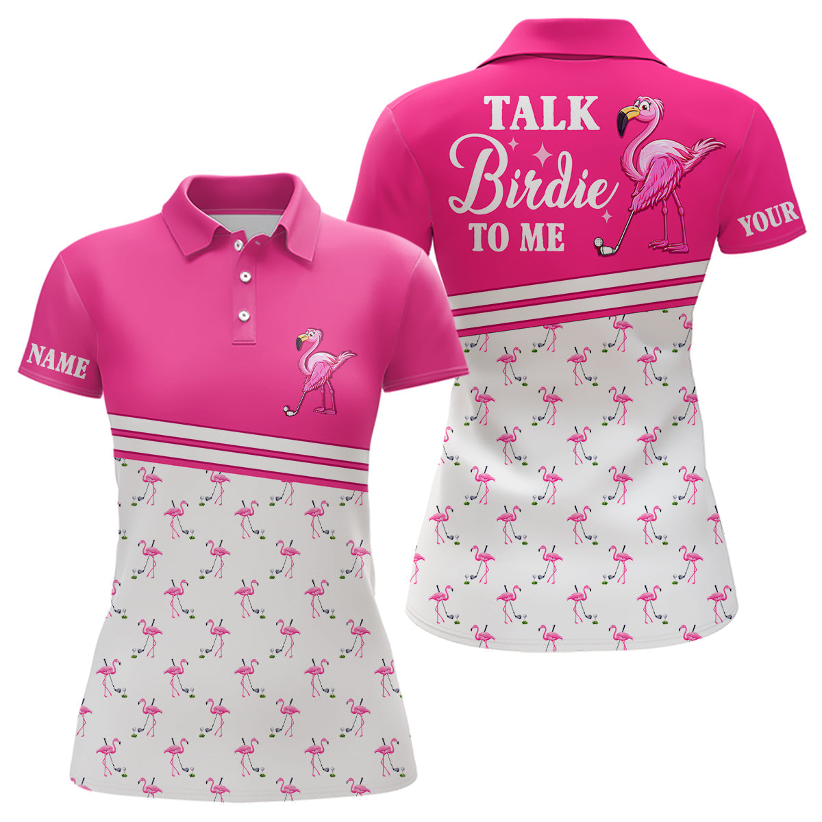 Modisches Damen Golf-Polo-Shirt mit Flamingo-Motiv in Pink und Weiß - "Spreche Birdie mit mir" N7527
