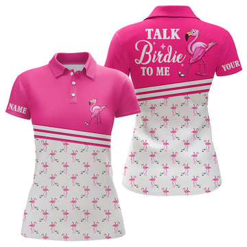 Modisches Damen Golf-Polo-Shirt mit Flamingo-Motiv in Pink und Weiß - "Spreche Birdie mit mir" N7527