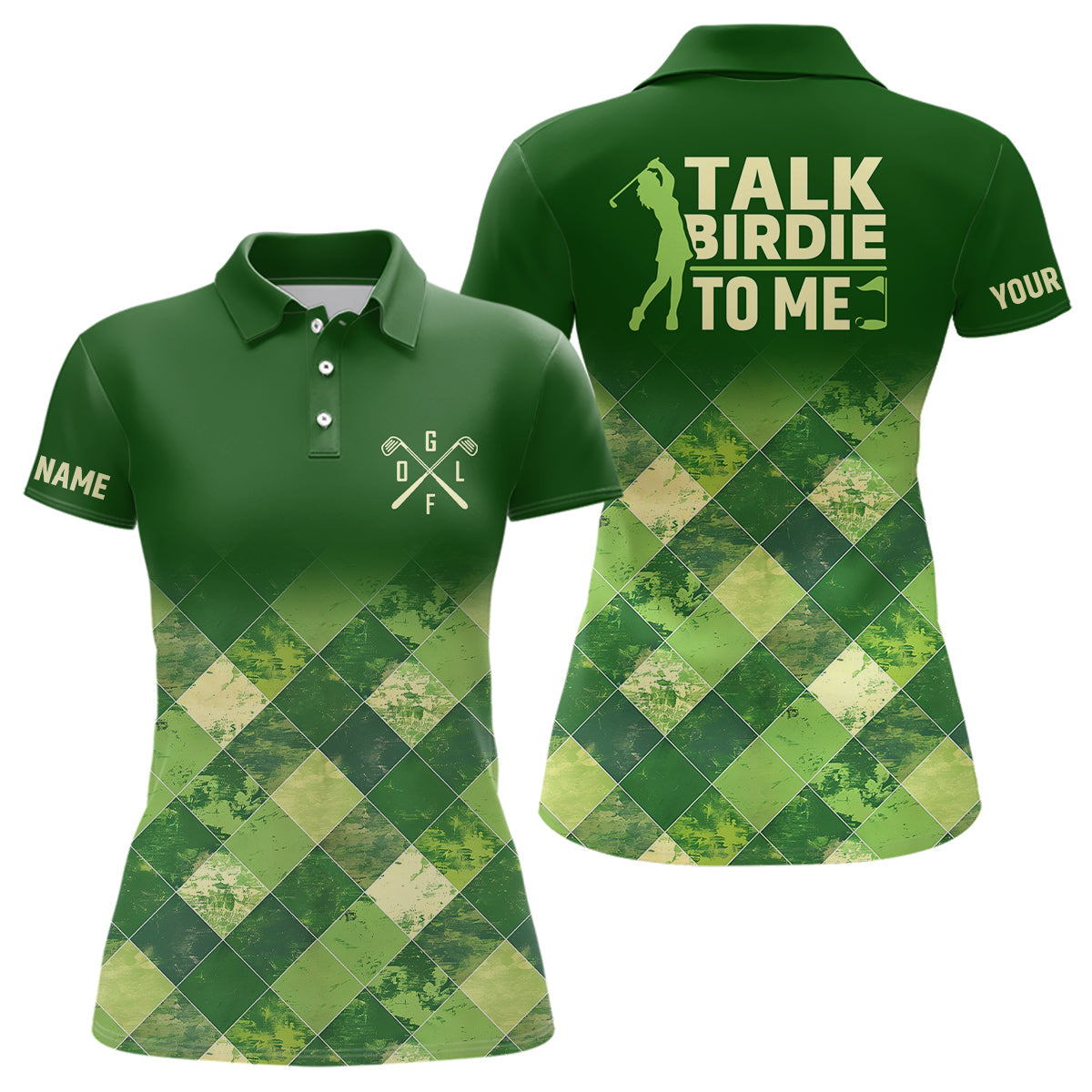 Damen Golf Poloshirt mit individuellem grünen Argyle-Muster - Lustiges "Sprich Vögelchen mit mir"-Design N7374