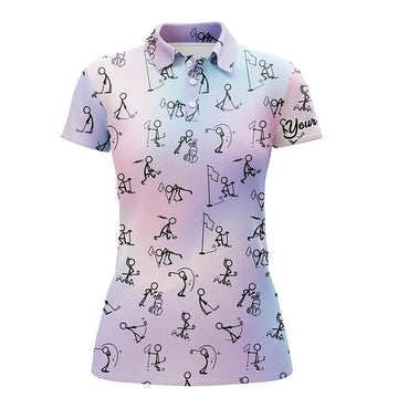 Bunte Strichmännchen beim Golfspielen – Individuelles Polo-Shirt für Frauen | Perfektes Golfgeschenk L1044