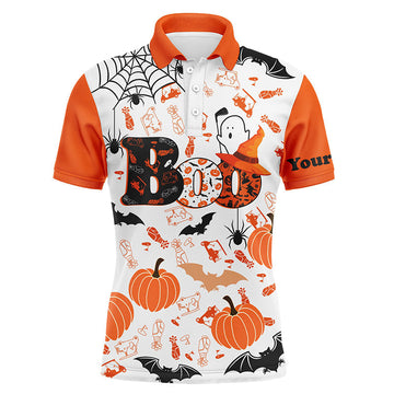 Gruseliges Halloween Golfmuster Polo-Shirt in Orange | Personalisierte, humorvolle Golf-Shirts für Männer | Perfekte Golf-Geschenke L0345