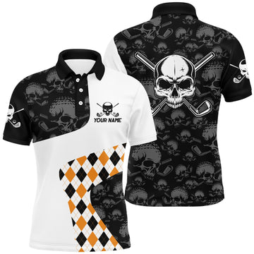 Herren Halloween Poloshirt mit orangenem Karomuster und Totenkopf-Motiv L0545