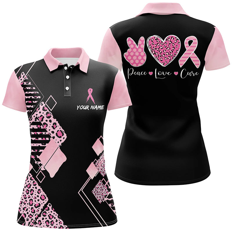 Schwarzes & Pinkes Leopardenmuster Golf-Polo-Shirt | Golf-Shirts für Frauen mit Brustkrebs-Ribbon in Pink L1352