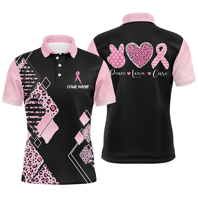 Herren Golf Polo-Shirt mit Leopardenmuster in Schwarz und Pink – Unterstützung für Brustkrebs mit pinkem Bänder-Design L1352