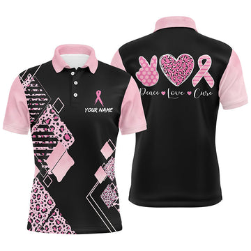 Herren Golf Polo-Shirt mit Leopardenmuster in Schwarz und Pink – Unterstützung für Brustkrebs mit pinkem Bänder-Design L1352