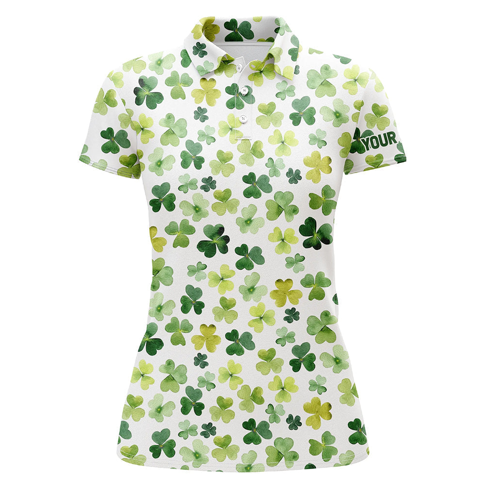 Personalisierte Damen Golf Polo-Shirt zum St. Patrick's Day mit Aquarell-Design von grünem Kleeblatt L1259