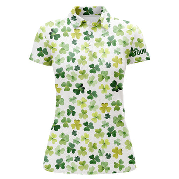 Personalisierte Damen Golf Polo-Shirt zum St. Patrick's Day mit Aquarell-Design von grünem Kleeblatt L1259