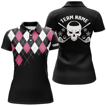 Stylisches Damen-Golfpoloshirt mit Pinkem Rautenmuster – Individuelles Skull-Design – Perfekte Golfgeschenke für Frauen L0099