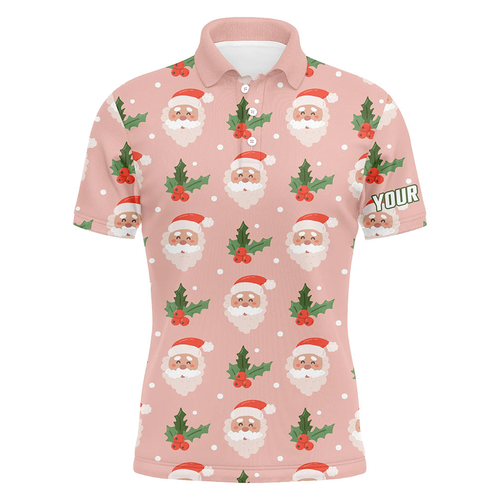 Weihnachtsmann mit Stechpalme auf rosa Golf-Polo für Herren – Individuelle Golfhemden als Geschenkideen für Männer L0677