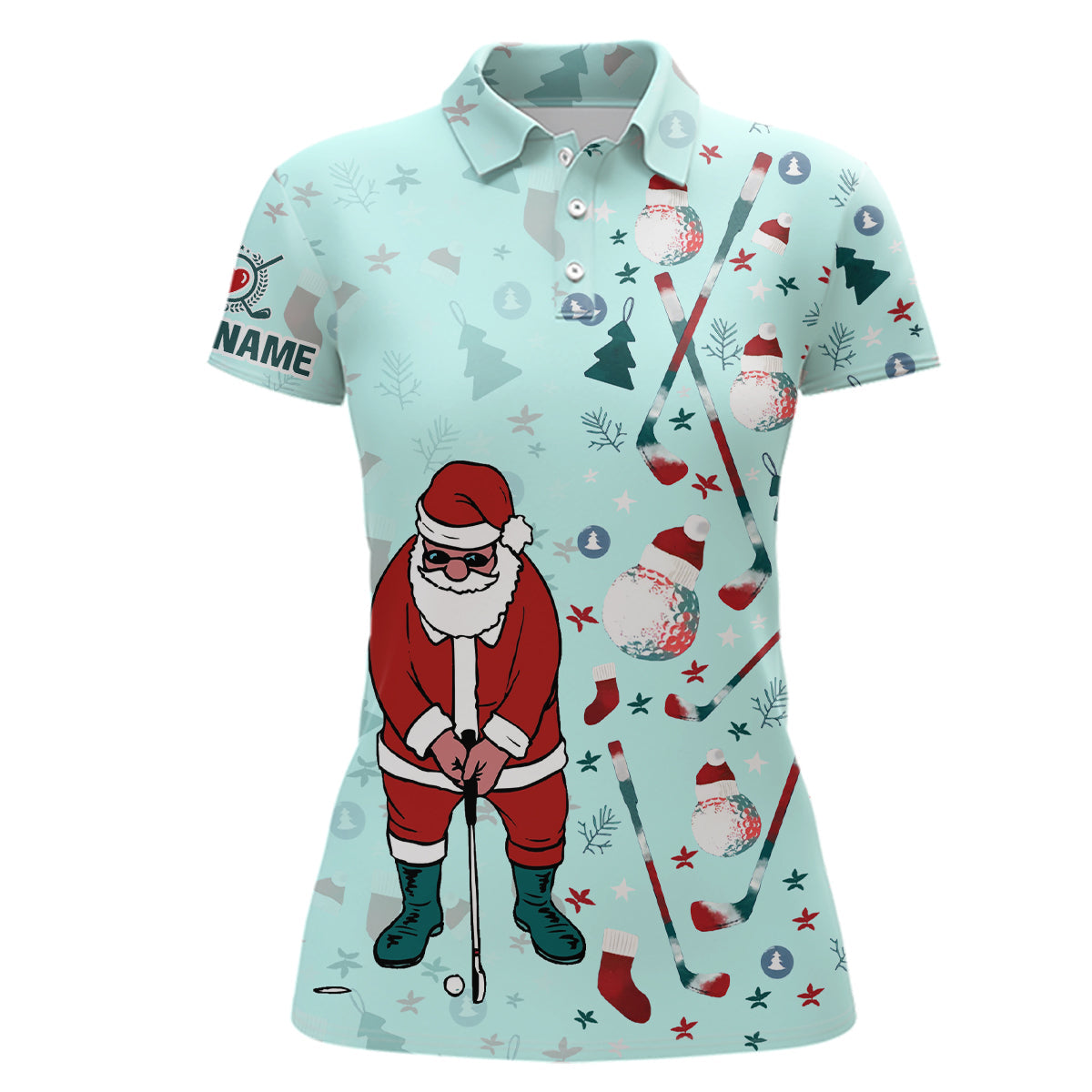 Festliches Golf Polo-Shirt für Damen – Mintgrün mit Weihnachtsmann beim Golfspielen – Perfektes Geschenk für Golf-Liebhaber L1025