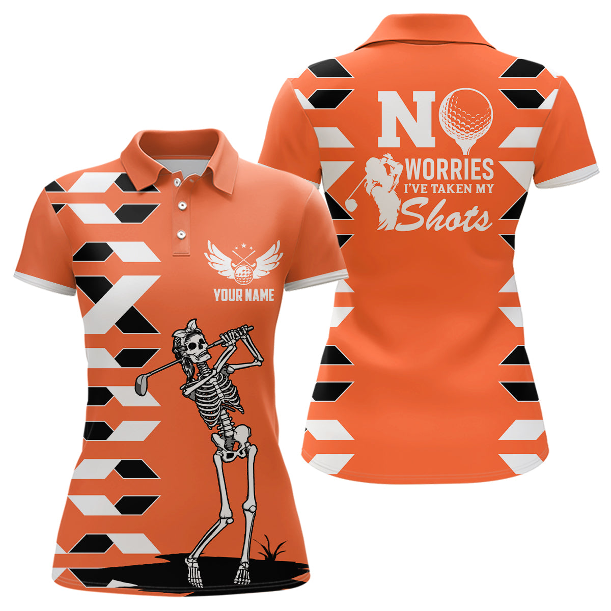 Damen Golf-Polo mit individuellem Totenkopf-Motiv in Orange - Perfekte Halloween-Geschenke für Golferinnen L0242