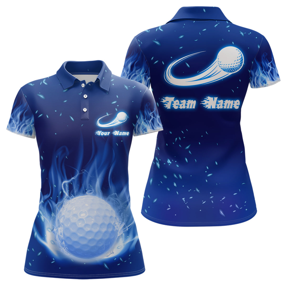 Frauen Poloshirt mit blauem Flammen-Motiv | Individuelles Golfoberteil für Damen | Persönliches Golfgeschenk L1064