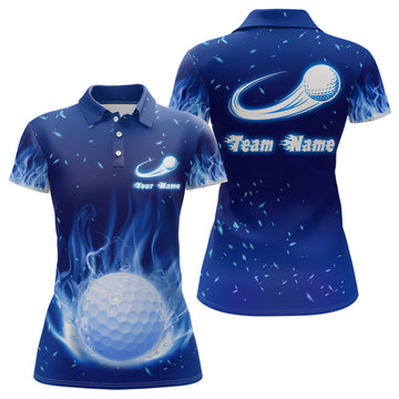 Frauen Poloshirt mit blauem Flammen-Motiv | Individuelles Golfoberteil für Damen | Persönliches Golfgeschenk L1064