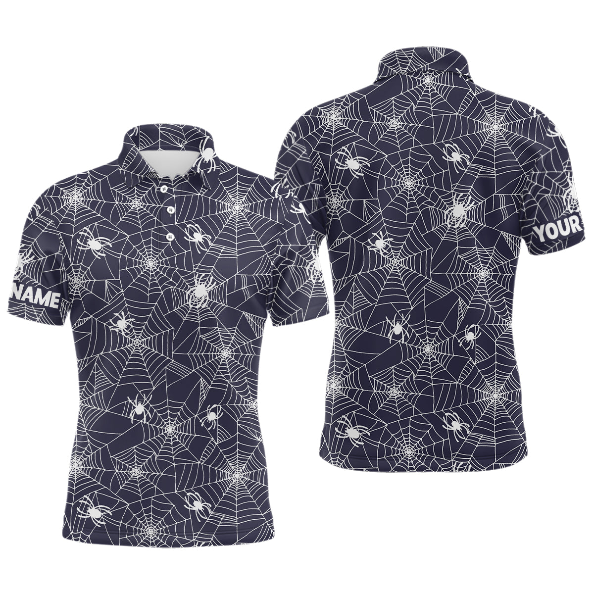Halloween Golf Poloshirt für Herren mit gruseligen weißen Spinnen im Spinnennetz-Design L0376
