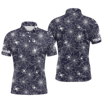 Halloween Golf Poloshirt für Herren mit gruseligen weißen Spinnen im Spinnennetz-Design L0376