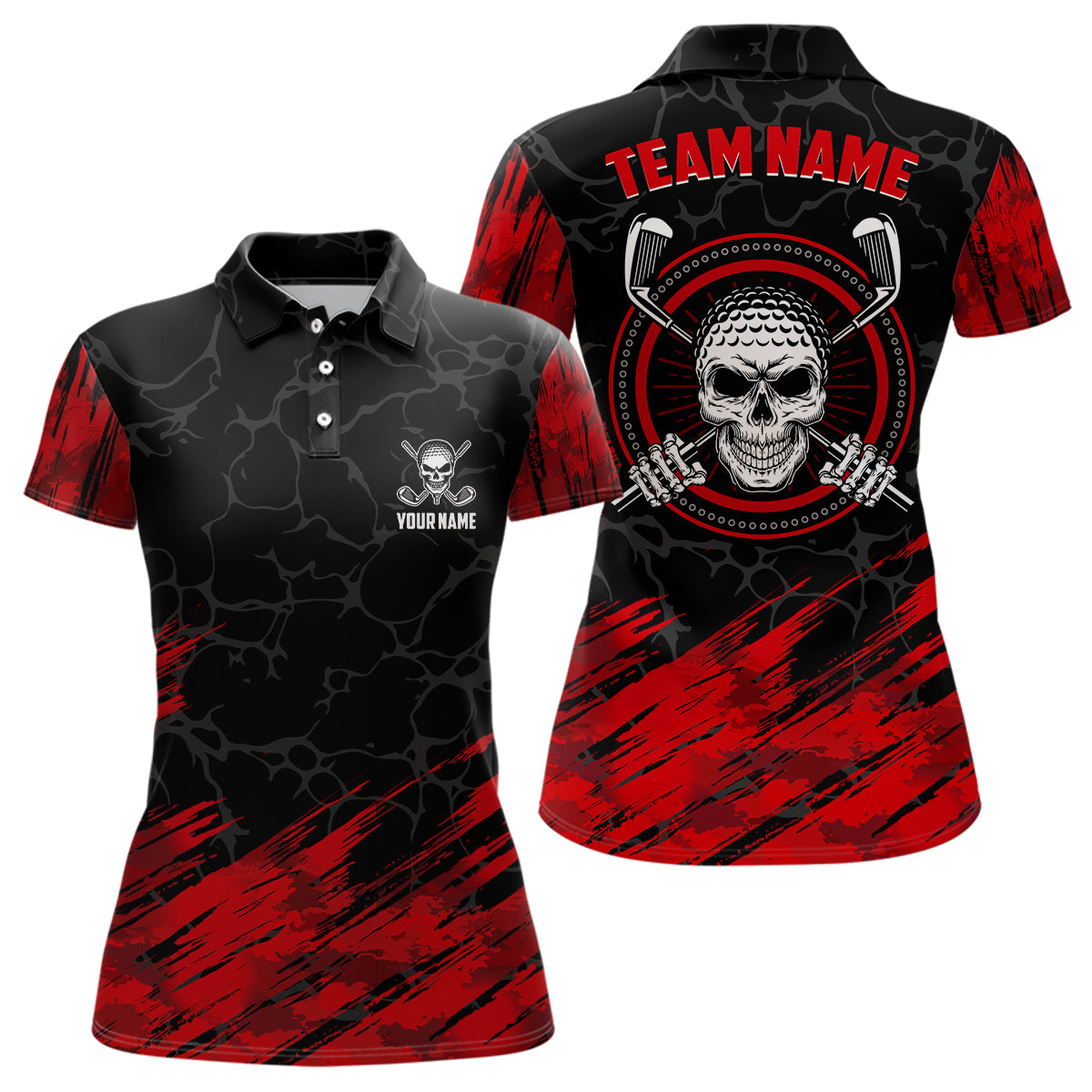 Individuelles 3D-Allover-Design Totenkopf Golf-Polo für Damen – Rotes und Schwarzes Golfoberteil L0177