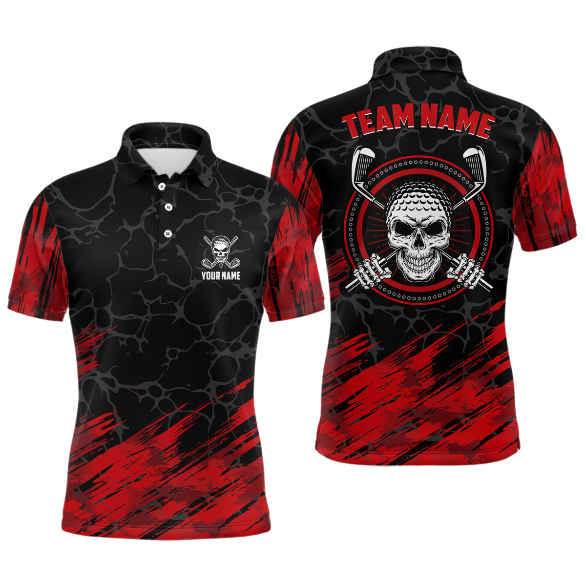 Individuelles 3D-Allover-Print Skull Poloshirt für Herren – Rotes und Schwarzes Golfshirt L0177