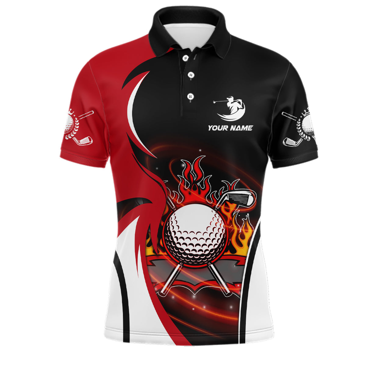 Personalisierte Golf-Polo-Shirts für Herren mit rotem und schwarzem Flammen-Design L0174