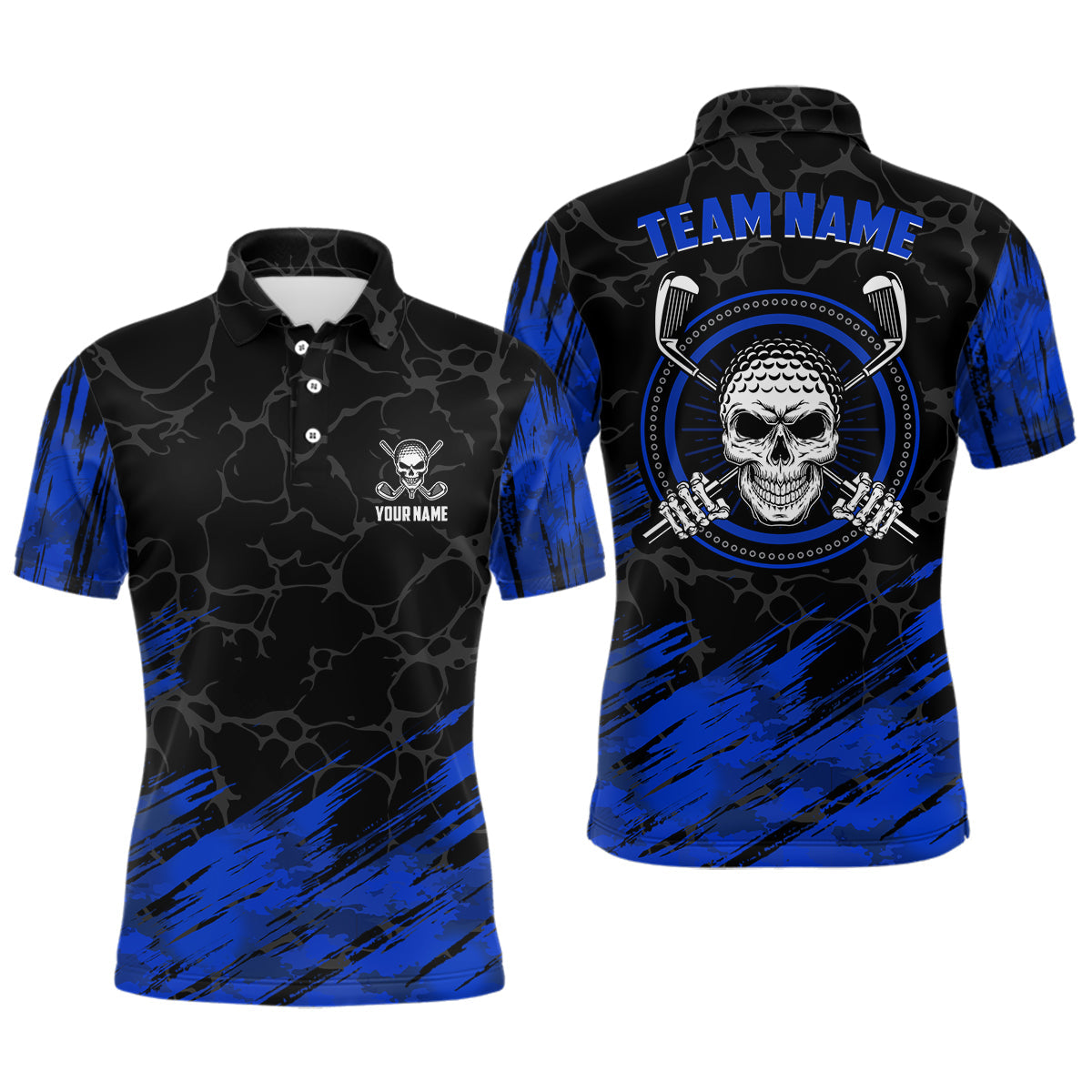 Individuelles 3D-Allover-Druck Skull Herren Golf Polo-Shirt in Navy und Schwarz - Stilvolle Golfshirts für Männer L0448