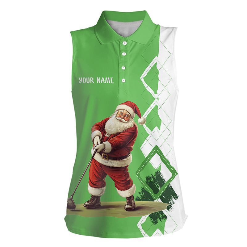 Grüne und weiße Argyle-Weihnachts-Santa Damen Ärmelloses Polo-Shirt – Individuelle Weihnachts-Golfshirts für Damen N9024