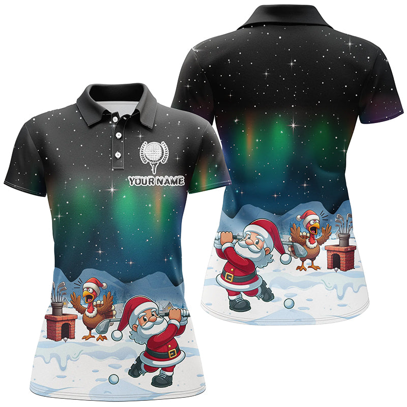 Lustige Golf-Polo-Shirts für Frauen mit Weihnachtsmotiv: Truthahn und Weihnachtsmann beim Golfspielen – Das perfekte Geschenk für Golferinnen zu Weihnachten! T3038
