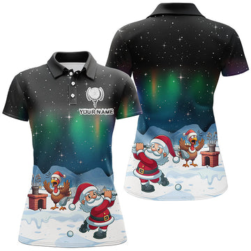 Lustige Golf-Polo-Shirts für Frauen mit Weihnachtsmotiv: Truthahn und Weihnachtsmann beim Golfspielen – Das perfekte Geschenk für Golferinnen zu Weihnachten! T3038