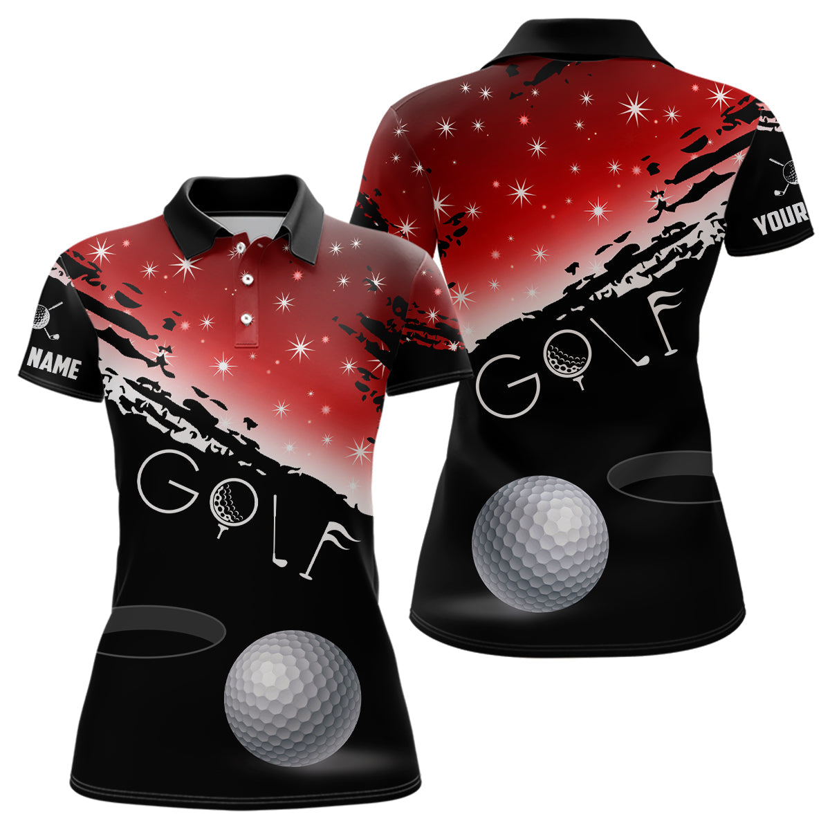 Lustige Golfball-Motiv Polo-Shirts in Schwarz und Rot für Frauen – Individuelle Golfgeschenke zu Weihnachten T3037